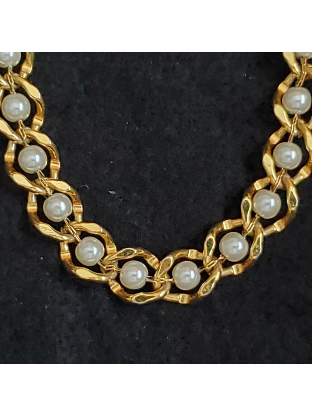 Vintage Napier Necklace Gold Tone Link White Faux Pearl 28"